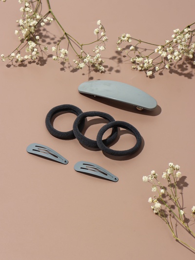 Набор для волос QF «Авиталь», 3 резинки 6 см, заколка - автомат 9 см, 2 заколки 4.5 см, серый