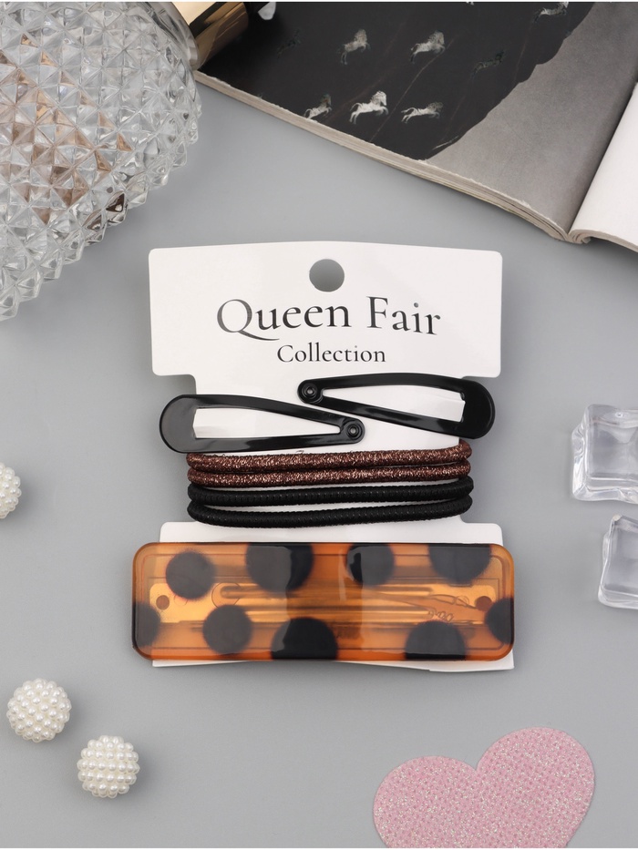 Набор для волос QF «Флоренс лео», 4 резинки 6.5 см, заколка - автомат 9 см, 2 заколки 4.5 см, чёрный, коричневый - Фото 1