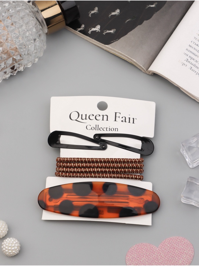 Набор для волос QF «Авиталь», 4 резинки 6.5 см, заколка - автомат 8 см, 2 заколки 4.5 см, чёрный, коричневый - Фото 1