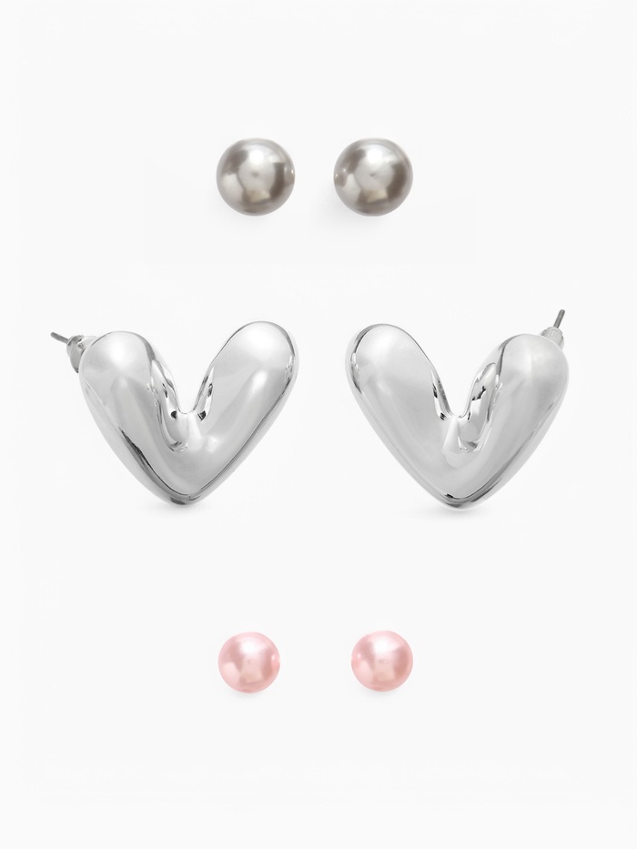Серьги QF «Сердечки», набор 3 пары, розовый в серебре