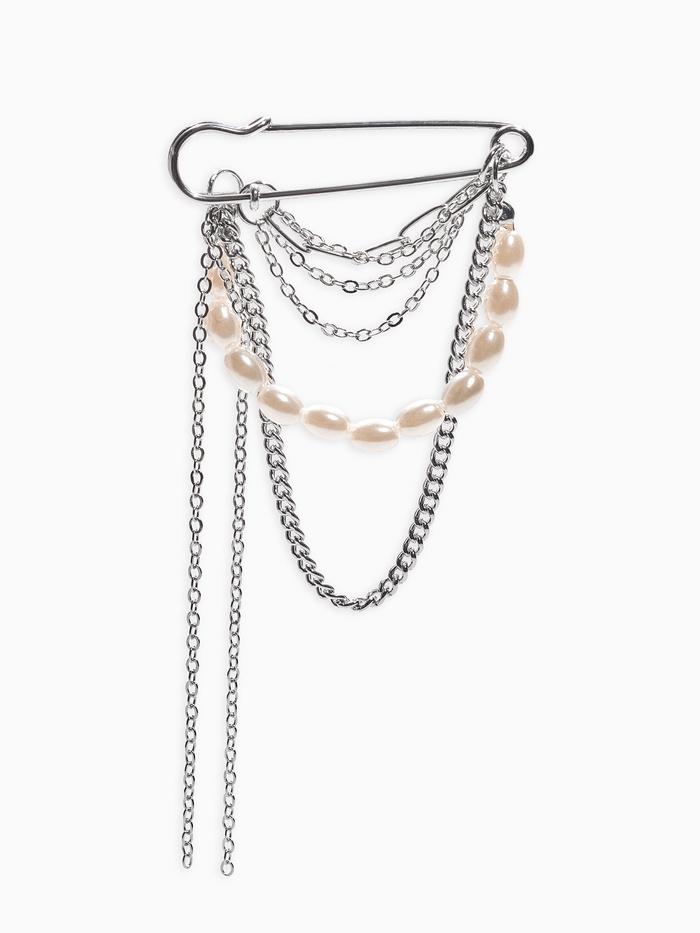 Булавка «Жемчужины» с цепочками, белая в серебре