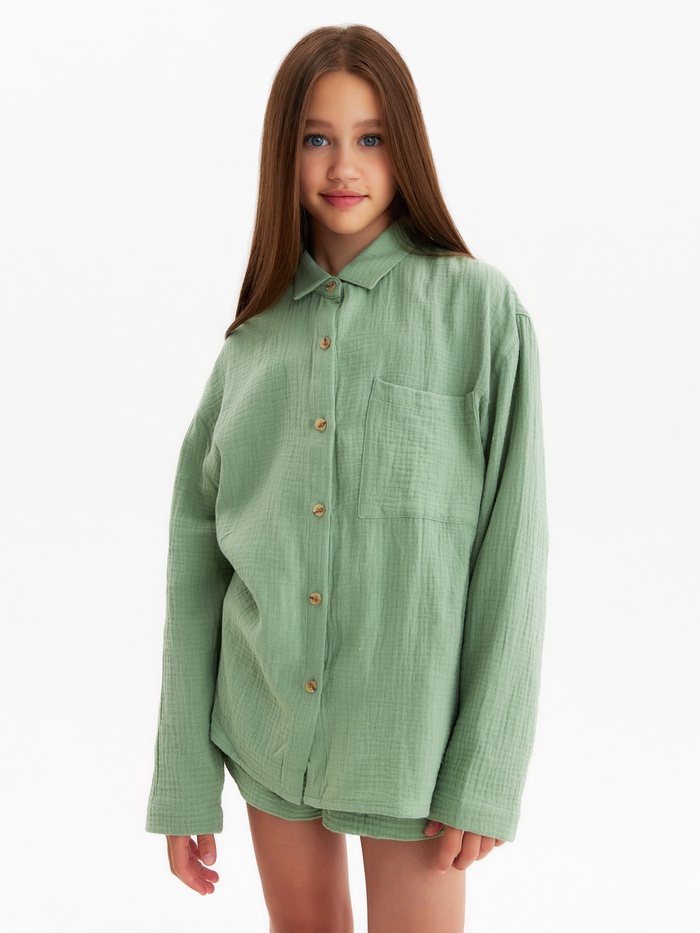 Рубашка из муслина для девочек KAFTAN, рост 164 см, зелёная - Фото 1