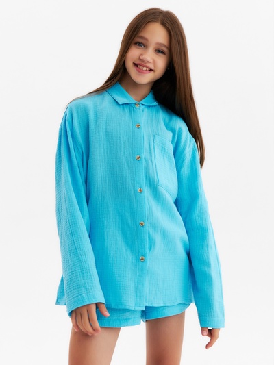 Рубашка из муслина для девочек KAFTAN, рост 152 см, голубая
