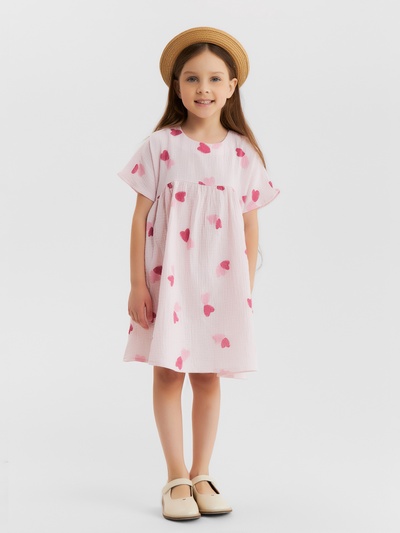 Платье из муслина для девочки KAFTAN «Сердечки», розовое, рост 122 см