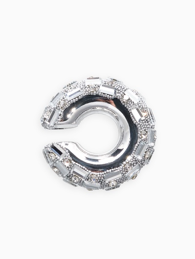 Серьга кафф «Бублик», крупные стразы, белые в серебре