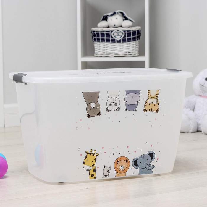 УЦЕНКА Контейнер для хранения без крышки «Зверята», 56 л, 60×40×36 см, на колёсах, прозрачный - Фото 1