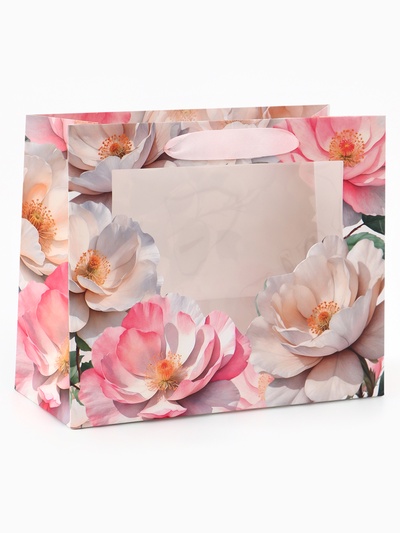 Пакет подарочный с окном «Белые пионы», 24×20×11 см