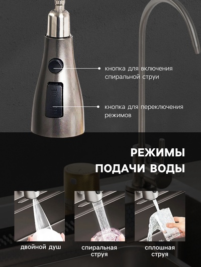 Кухонная мойка ZEIN M04, S=3.0 и 0.7 мм, смеситель, корзины, кран для питьевой воды, графит