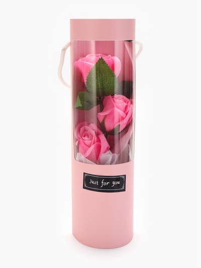 Букет из трех мыльных розовых роз в колбе.