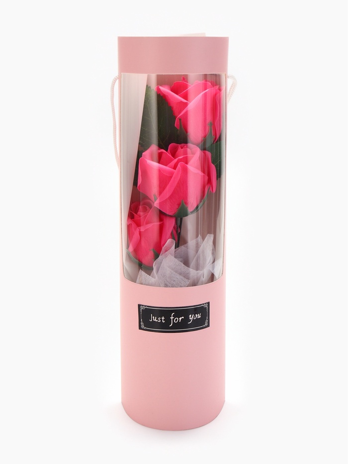 Подарочный букет из трех мыльных роз в колбе, фуксия - Фото 1