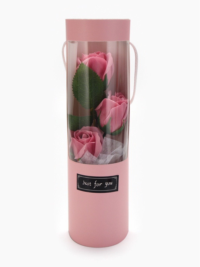 Подарочный букет из трех мыльных роз в колбе, дымно-розовые - Фото 1