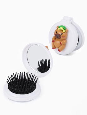 Расчёска массажная «Капибара», складная, с зеркалом, d=6.5 см, белая