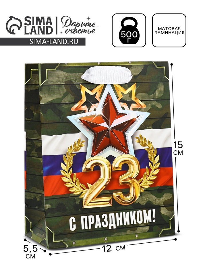 Пакет подарочный ламинированный «23 февраля», S 12×15×5.5 см