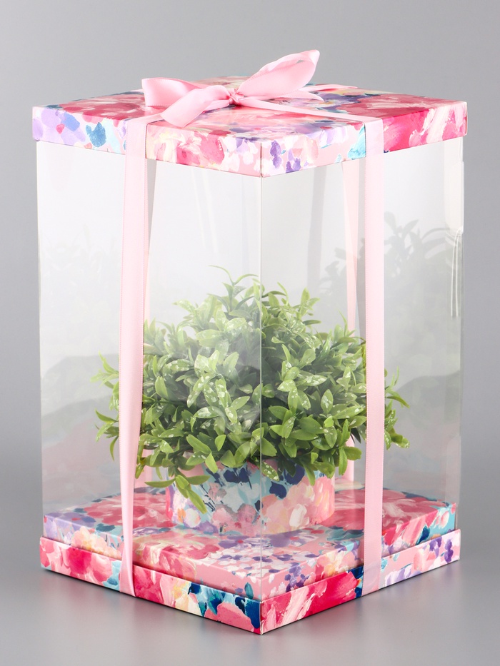 Коробка PVC, для цветов и букетов, с лентой, 28×18×18 см, розовый - Фото 1
