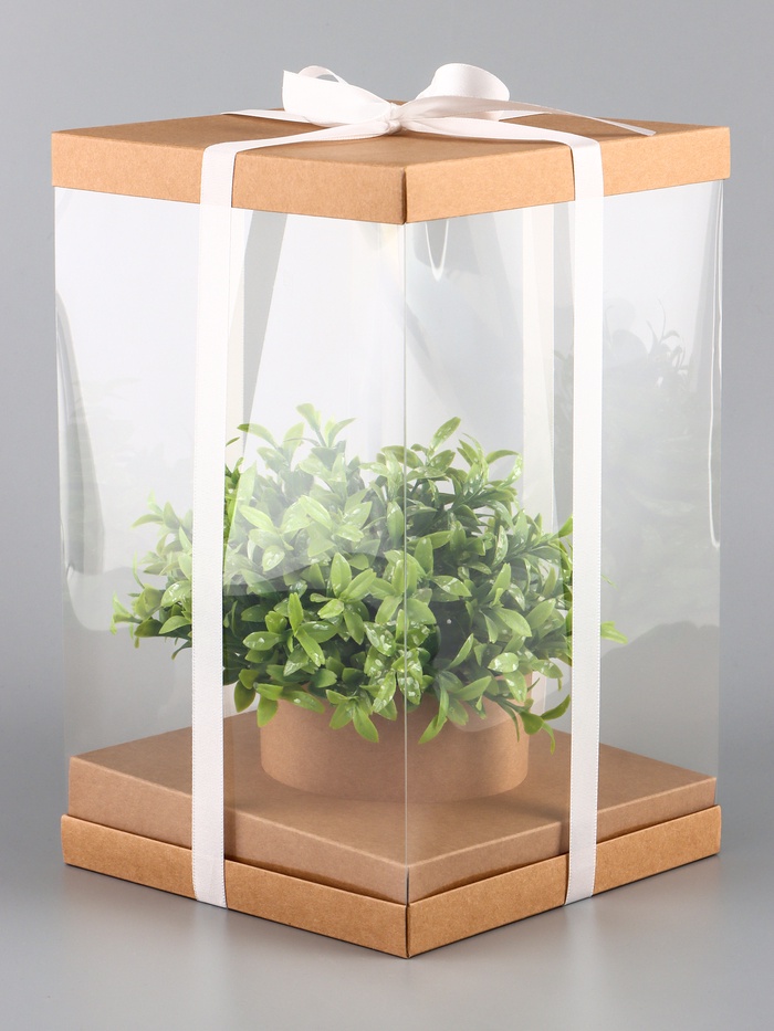 Коробка PVC, для цветов с лентой, 28×18×18 см, крафт - Фото 1