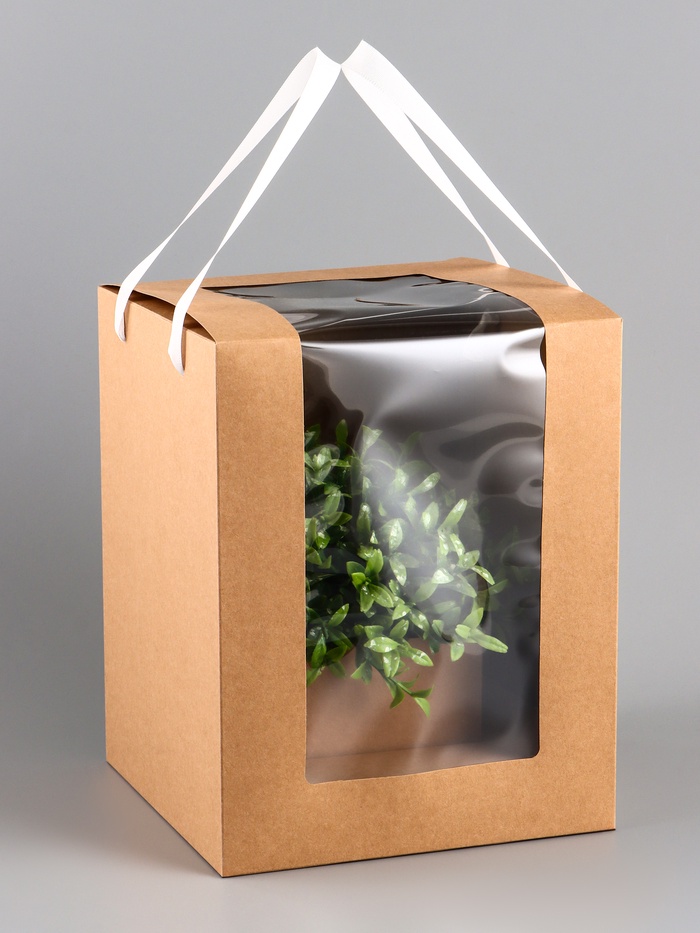Коробка для цветов, букетов, крафт с ПВХ окном, 20×20×25 см - Фото 1