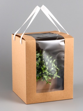 Коробка для цветов, букетов, крафт с ПВХ окном, 20×20×25 см