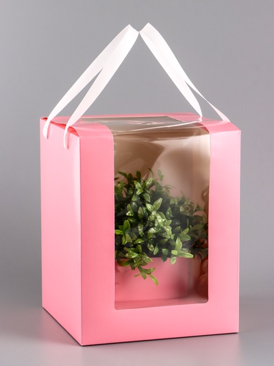 Коробка для цветов и букетов, розовая с ПВХ окном, 20×20×25 см