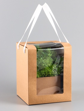 Коробка для цветов и букетов, крафт с ПВХ окном, 16×16×20 см