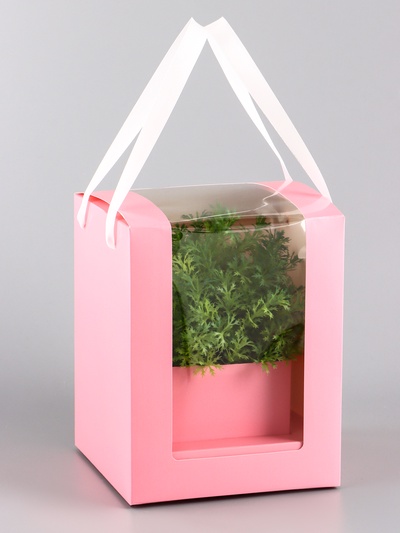 Коробка для цветов и букетов, розовая с ПВХ окном, 16×16×20 см