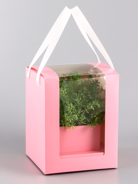 Коробка для цветов и букетов, розовая с ПВХ окном, 16×16×20 см