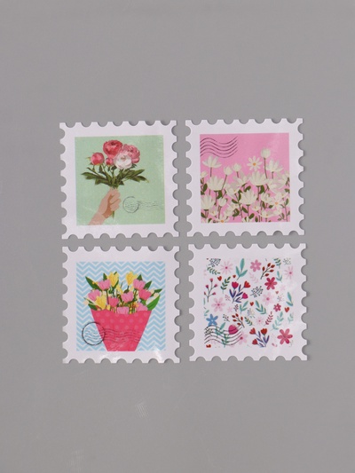 Наклейка бумага "Марки. Цветочки" 3х3 см 200 шт в рулоне