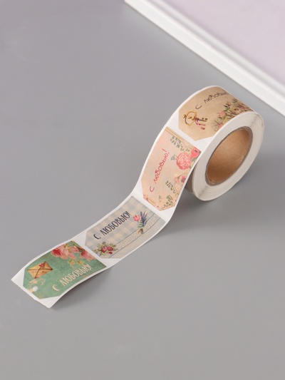 Наклейка бумага крафт "Бирки. Цветы. Винтаж" 3х5 см 200 шт в рулоне