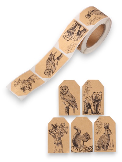 Наклейка бумага крафт «Бирки. Лесные животные», 3×5 см 200 шт., в рулоне