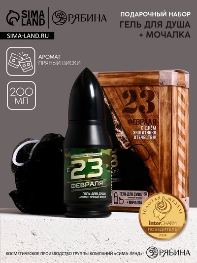 Подарочный набор «23 февраля», гель для душа и мочалка для тела, аромат пряный виски, 200 мл, Чистое счастье