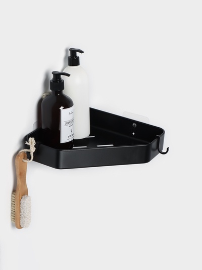 Полка для ванной Stölz, угловая с крючками, чёрная