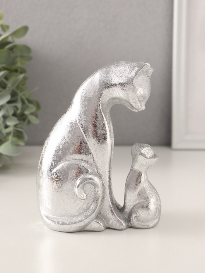 Фигурка полистоун «Кошка с котёнком», серебро, 10×6×13.5 см - Фото 1