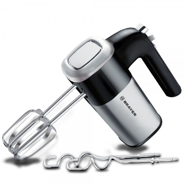 Миксер BRAYER 1302BR, ручной, 800 Вт, 5 скоростей, 2 насадки, чёрно-серый - Фото 1