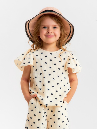 Футболка для девочки из муслина KAFTAN: «Сердечки», бежевая, рост 128 см