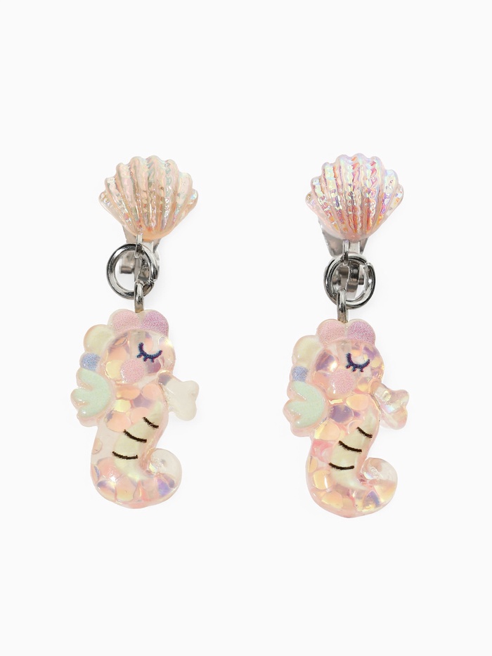 Серьги-клипсы детские «Выбражулька» морской конек с ракушкой перламутр, розово-белые