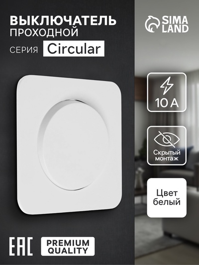 Выключатель проходной, серия Circular, 10 А, одноклавишный, скрытый монтаж, белый