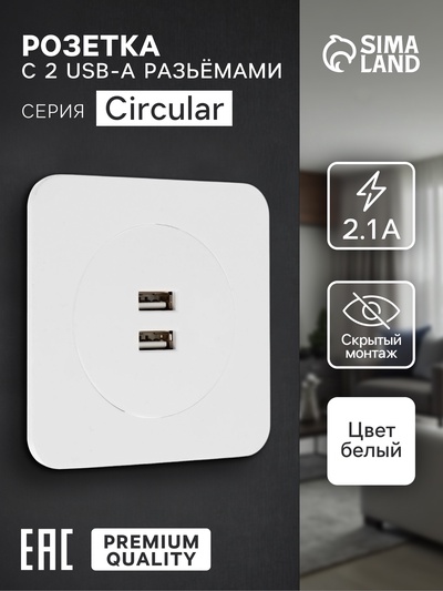 Розетка с 2 USB-A разъёмами, 2.1 А, 5 В, серия Circular, скрытый монтаж, белая