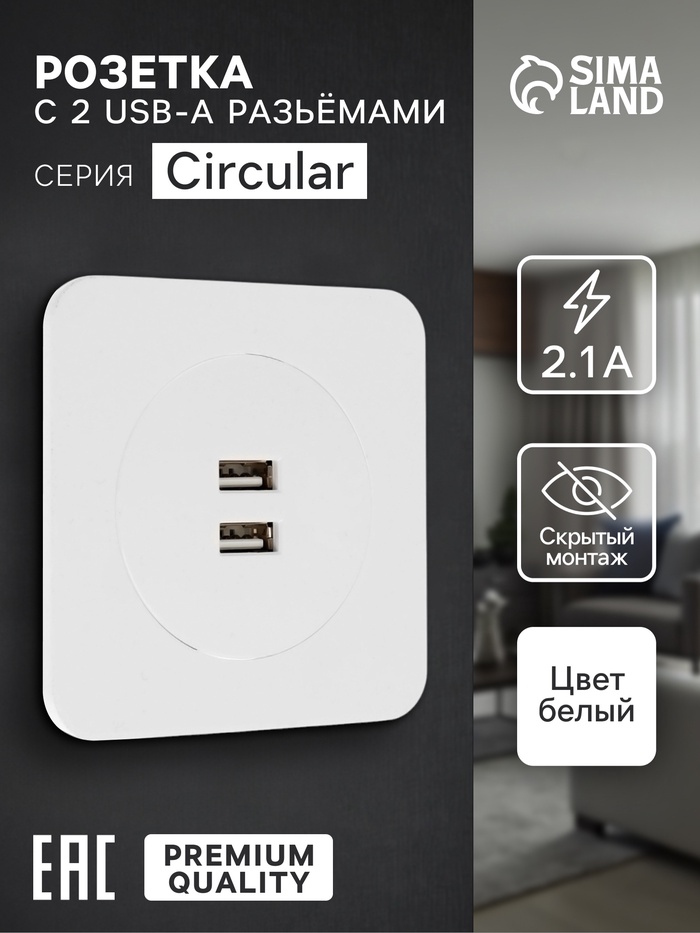 Розетка с 2 USB-A разъёмами, 2.1 А, 5 В, серия Circular, скрытый монтаж, белая - Фото 1