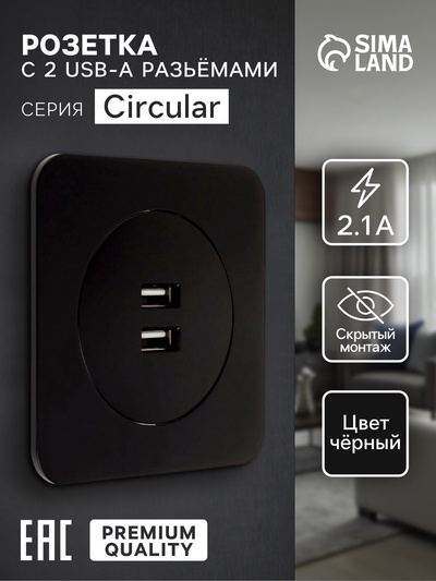 Розетка с 2 USB-A разъёмами, 2.1 А, 5 В, серия Circular, скрытый монтаж, чёрная