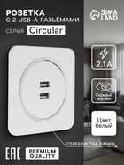 Розетка с 2 USB-A разъёмами, 2.1 А, 5 В, серия Circular, скрытый монтаж, серебристая рамка - Фото 1