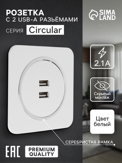 Розетка с 2 USB-A разъёмами, 2.1 А, 5 В, серия Circular, скрытый монтаж, серебристая рамка