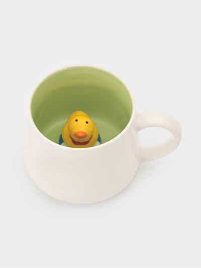 Кружка Доляна «Утёнок», 360 мл, керамика, с фигуркой, белая, зелёная