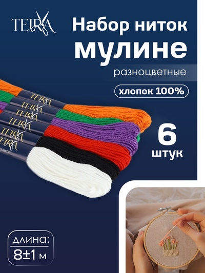 Нитки мулине TEIRA, 8±1 м, набор 6 шт., хлопок, разноцветные
