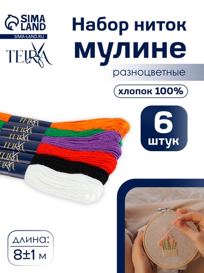 Нитки мулине TEIRA, 8±1 м, набор 6 шт., хлопок, разноцветные