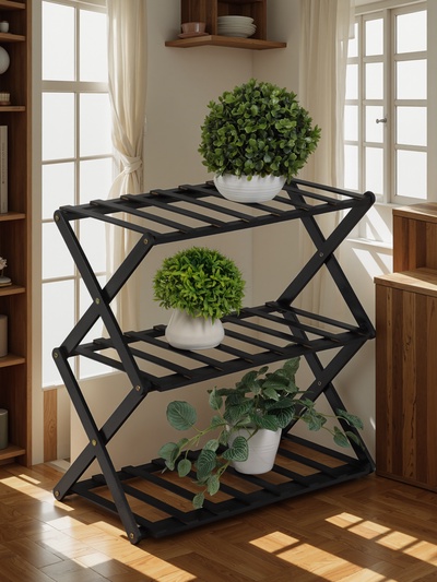 Подставка для цветов Greengo, 3 полки, 50×25×46 см, напольная, бамбук, чёрная