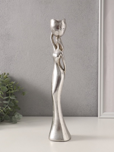 Фигурка-подсвечник на 1 свечу «Девушка с тюльпаном», полистоун, серебро, 6.5×6.5×32 см