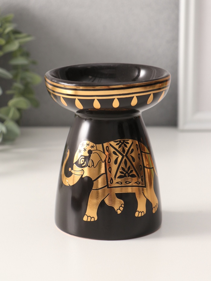 Аромалампа для эфирных масел «Индийский слон», керамика, чёрная с золотом, 9.3×9.3×11.8 см - Фото 1