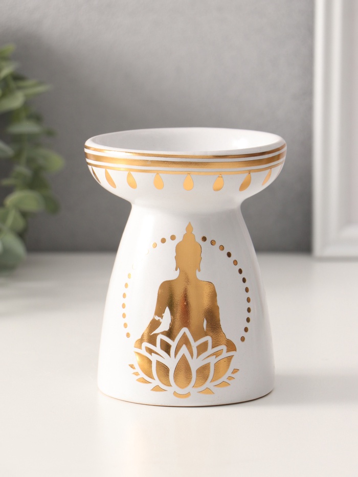 Аромалампа для эфирных масел «Будда и лотос», керамика, белая с золотом, 9.3×9.3×11.8 см - Фото 1