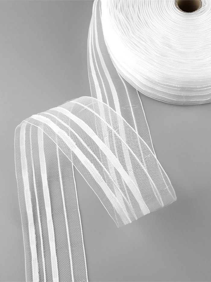 Шторная лента, фиксированная сборка, органза, 60 мм, 50±1 м, 2 шнура, белая - Фото 1