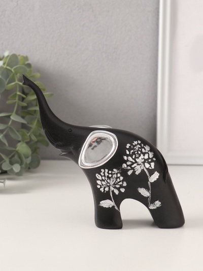 Фигурка «Чёрный слон с серебряными ушками хобот вверх», полистоун, 15×5×14 см
