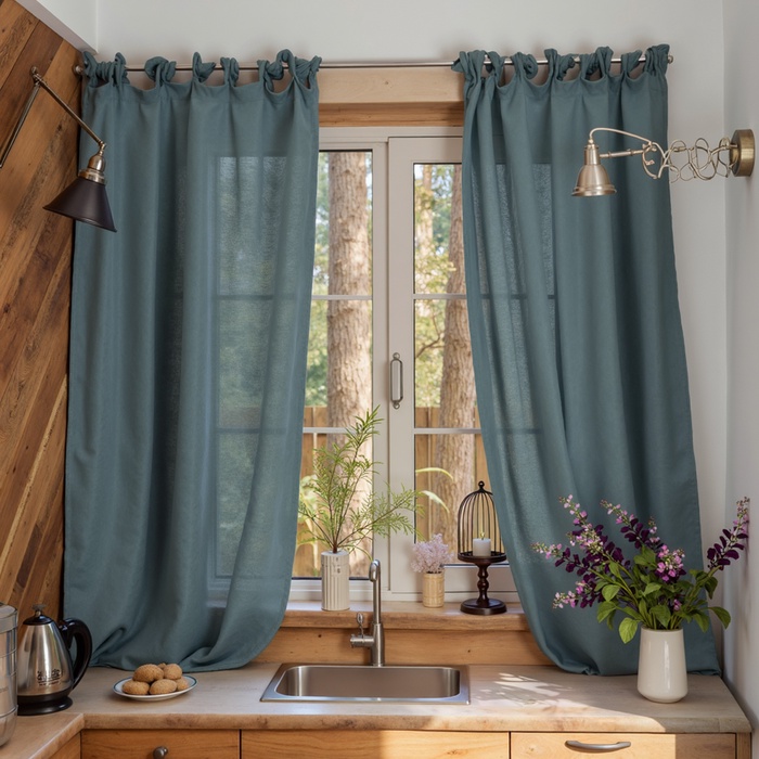 Комплект штор для кухни Этель Linen collection, 145×180 см - 2 шт., зелёный, 100% лён 170 г/м² - Фото 1
